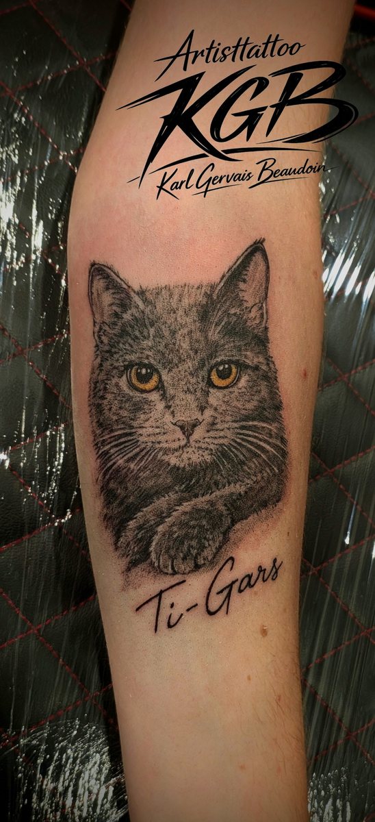 Portrait réaliste de chat tatoué sur un avant-bras