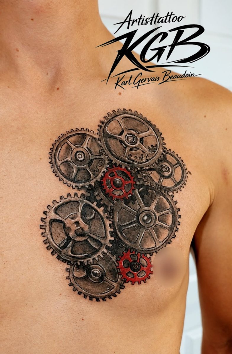 Engrenages réalistes en noir et gris avec touches de rouge sur le pectoral